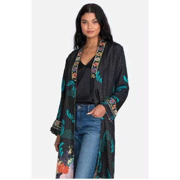 Johnny Was Tops - Johnny Was Heron Long Reversible Kimono Silk Embroidery Bird Black Yellow M